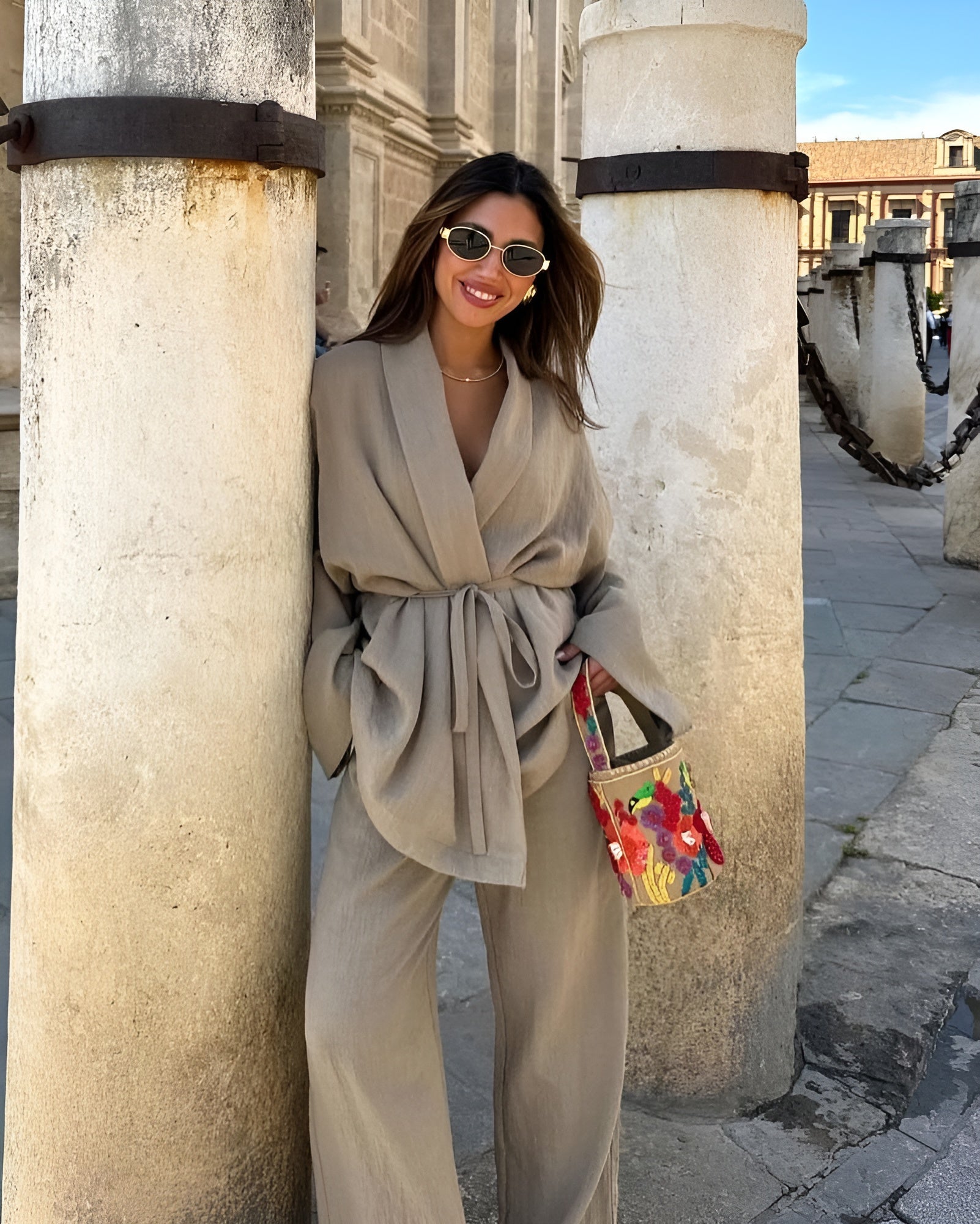 Luna | Belted Kimono Top and Wide-Leg Linen Set for Women