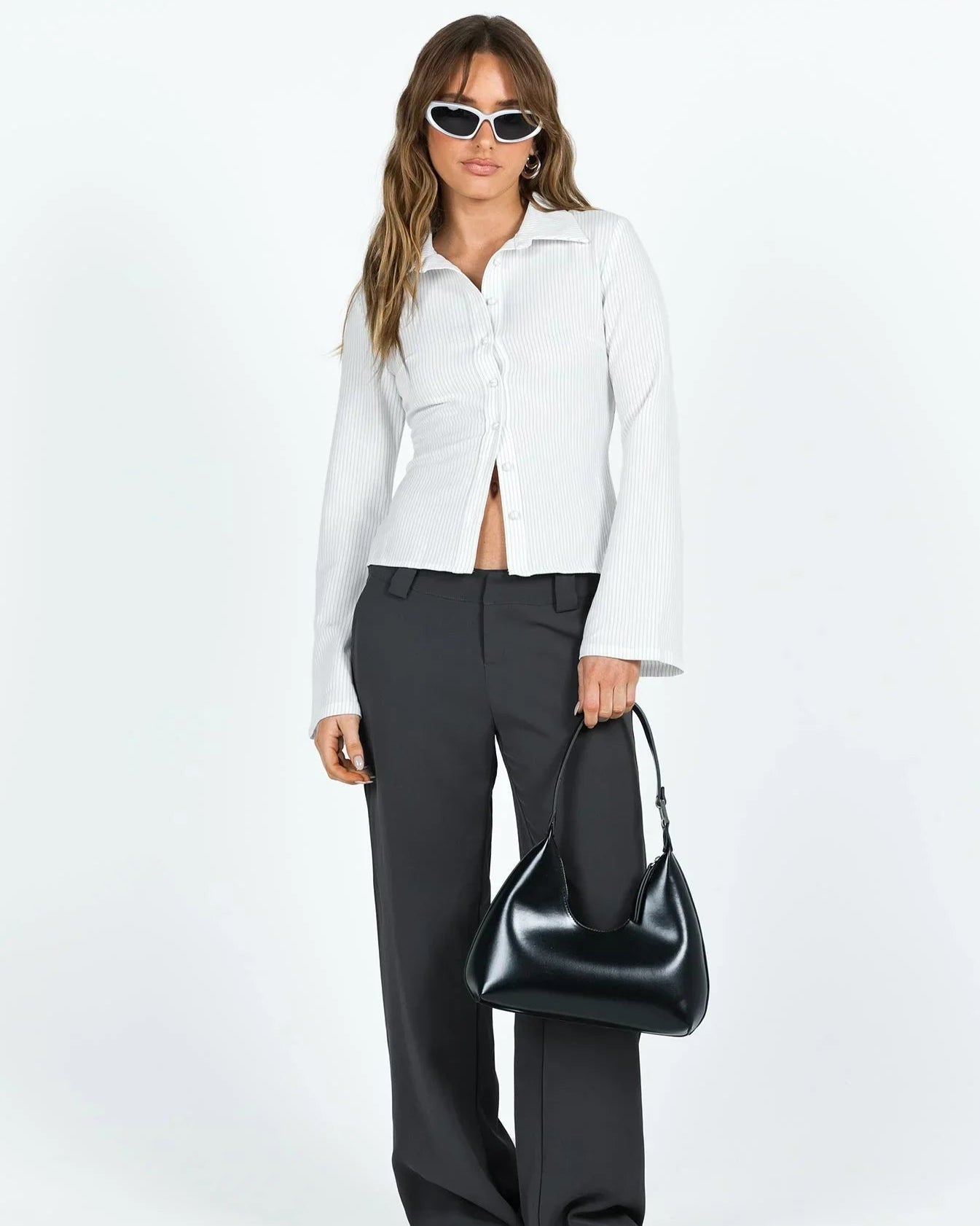 Elise | Tailored Pinstripe Button-Up Blouse with Flared Sleeves for Women