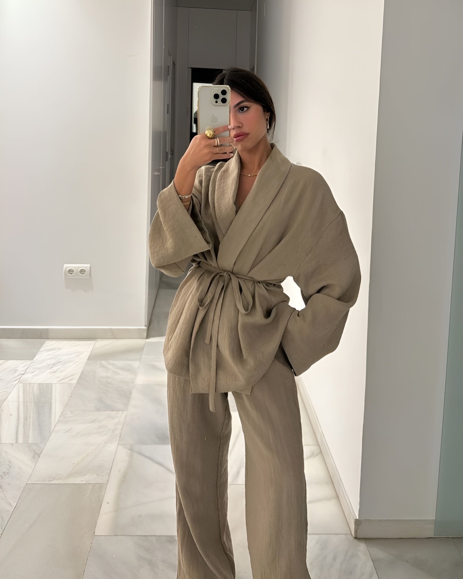 Luna | Belted Kimono Top and Wide-Leg Linen Set for Women