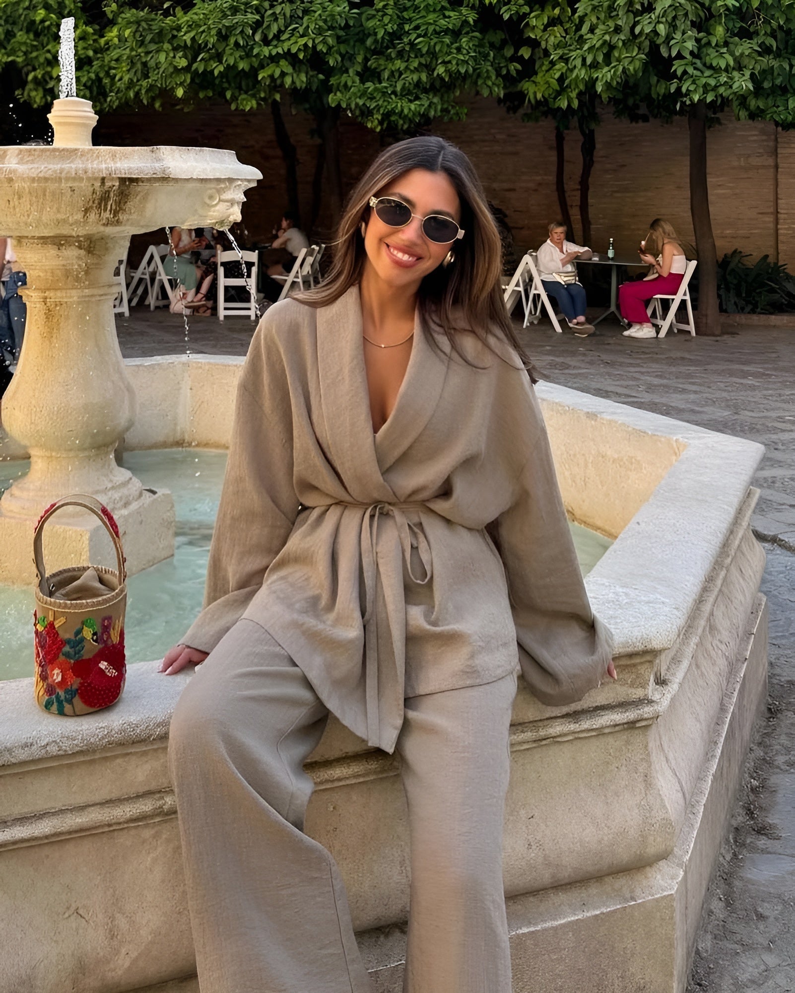 Luna | Belted Kimono Top and Wide-Leg Linen Set for Women