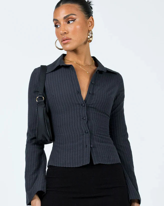 Elise | Tailored Pinstripe Button-Up Blouse with Flared Sleeves for Women